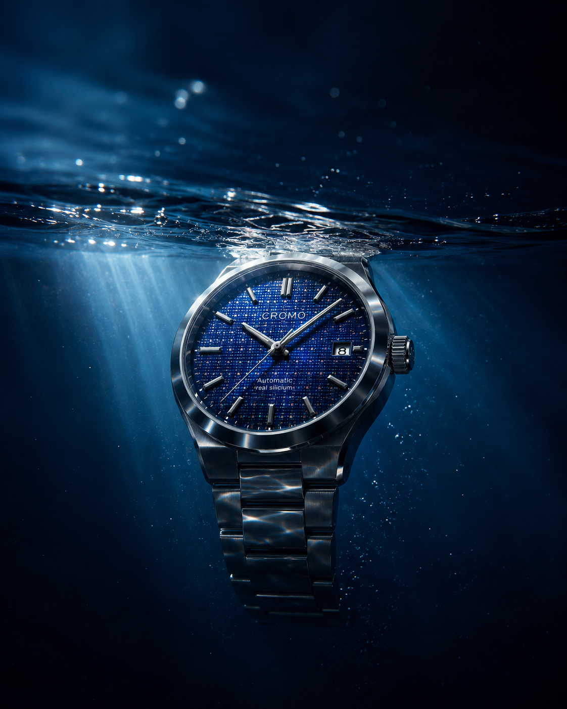 Reloj CROMO parcialmente sumergido en agua oscura con haces de luz