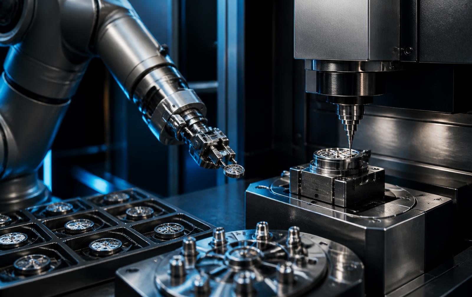 Brazo robótico y centro de mecanizado produciendo componentes de reloj